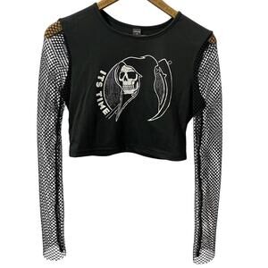 SHEIN Women's Mesh Crop Top — Black Fishnet Skull Size Small
